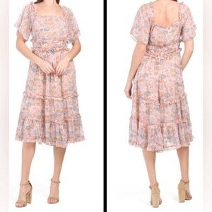 Anthropologie Love The Label Waterlily Off-Shoulder Floral Tiered Midi Dress Med